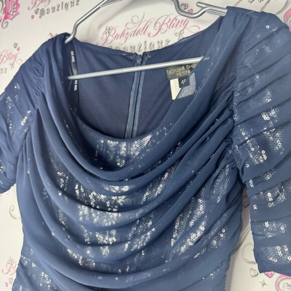 Tadashi shoji dress silk tiered Elegant Blue Sequin Dress sparkly blue - Picture 10 of 15